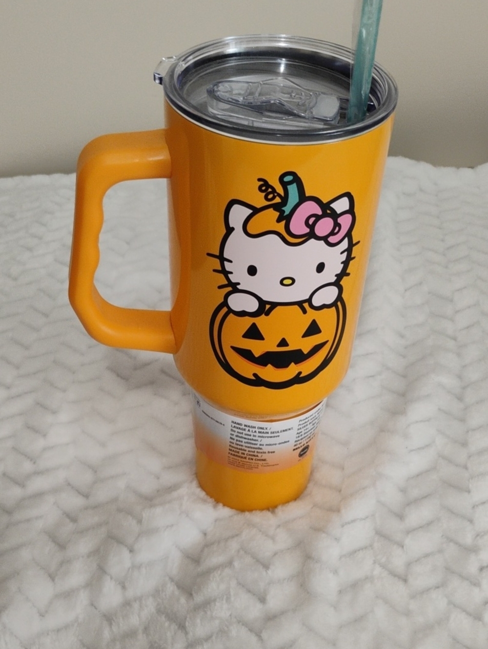 Sanrio Hello Kitty Orange Pumpkin Travel Tumbler with Handle